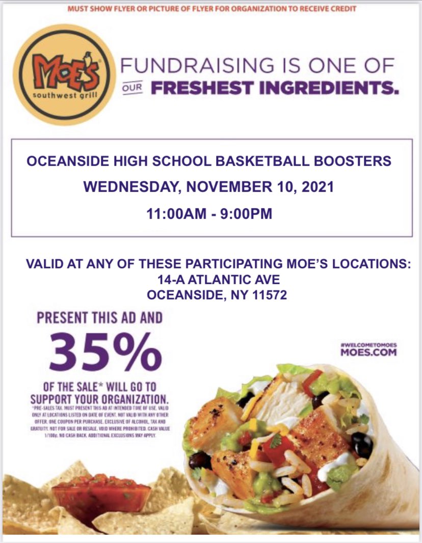 Support the boys and girls basketball programs on Wednesday at Moe’s in Oceanside <a href="/osdAthleticdept/">OSD Athletics, Physical Education and Health</a> <a href="/OHS_mbball/">oceanside_basketball</a> <a href="/OSchoolsPR/">Oceanside School District #OSD_NY</a>