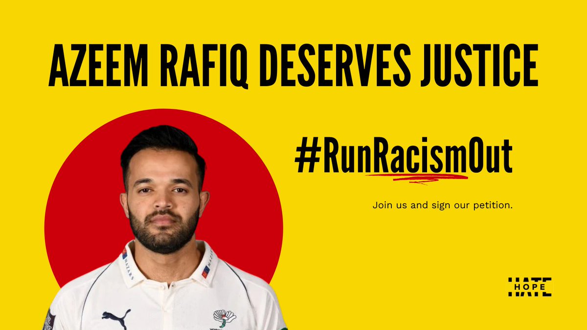 hopenothate's tweet photo. Institutional racism in cricket: help us get justice for @AzeemRafiq30!

Add your name to our petition and demand that @YorkshireCCC's report findings be released in full 👇
https://t.co/2eNB0F40g6 https://t.co/WfSd9WPMmx