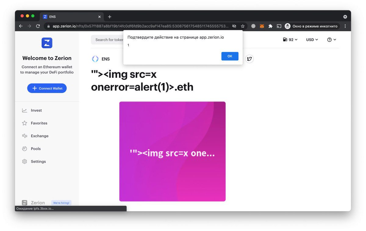 theRaz0r's tweet photo. Did you know that you can register an ENS name with XSS? Although https://t.co/BzvJveRxIA will not let you register it because of frontend validation, it is possible to do so directly with a smart contract. Here is a tool: https://t.co/8Lfp5nR7Zu https://t.co/kUNJ0ZU2DI