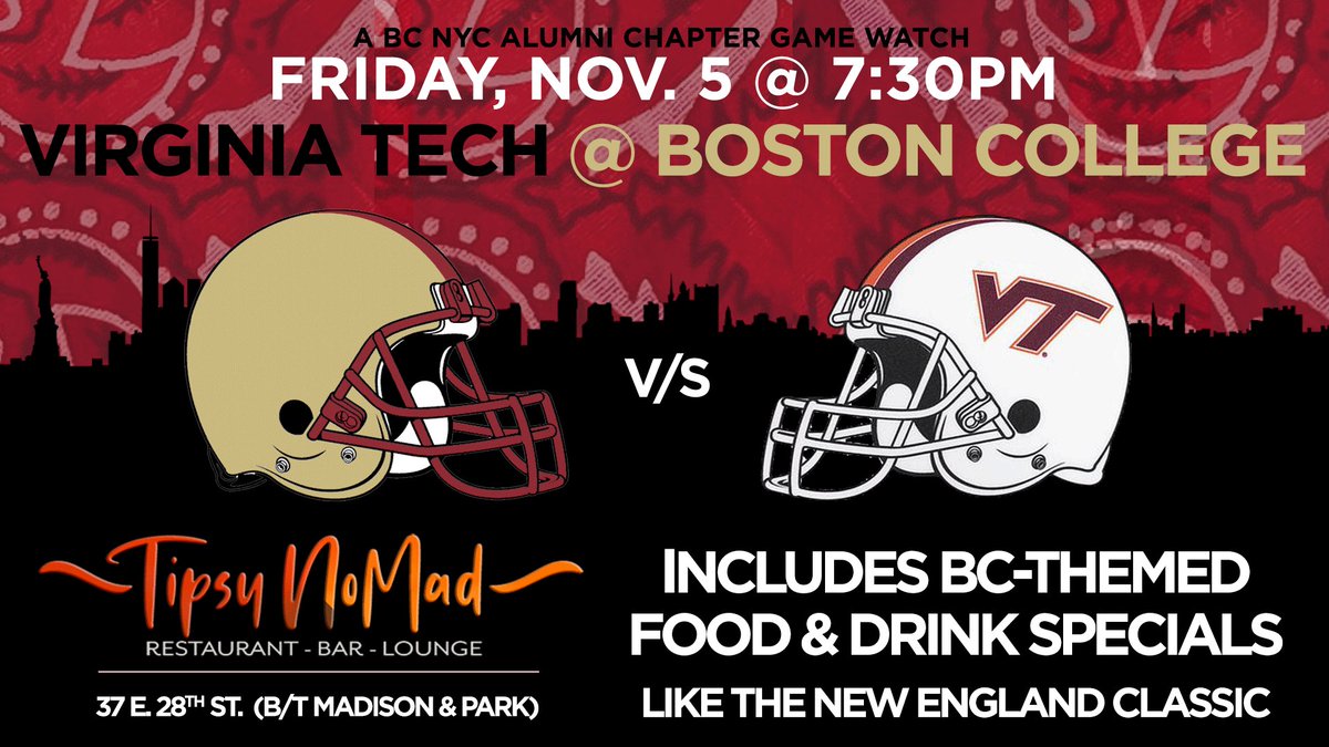 BCNYCAlumni's tweet photo. See you Fri night for the red bandana game watch vs VTech @tipsynomadnyc! Pregame starts at 6:30, kickoff 7:30. Enjoy special drink deals + a custom BC-themed menu. Most seats are 1st come, 1st served. Call/text the manager, Brendan, for a res at 914-610-9159. Go Eagles! https://t.co/bEqPvMbIH4