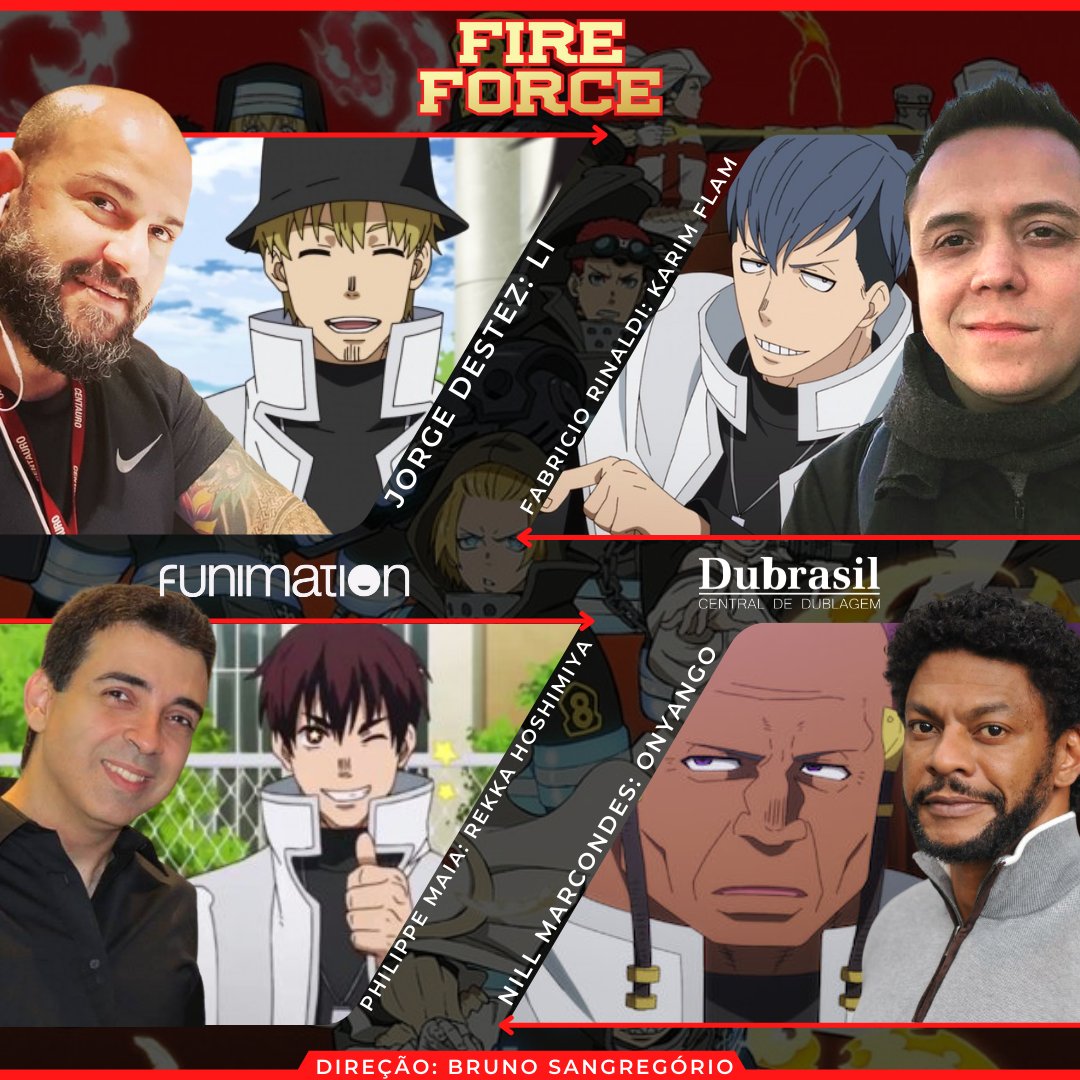 Dubrasil - Central de Dublagem #18ANOS on X: No elenco de dublagem de Fire  Force temos: Shinra: Bruno Casemiro (@bruno_casemiro) Maki: Bruna Nogueira  (@brusnogueira) Hinawa: Raphael Rossatto (@Rossatteando) Obi: Arthur  Machado  /