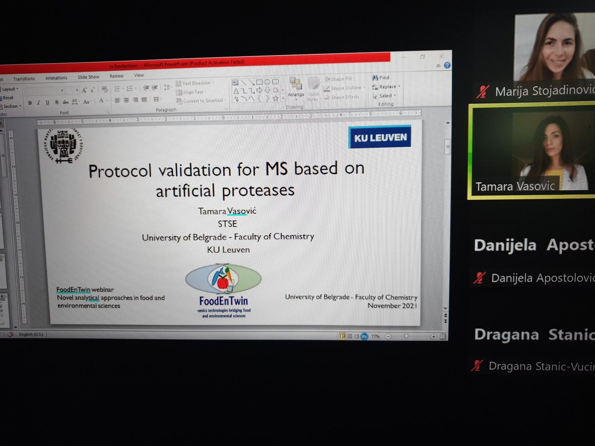 FoodEnTwin's tweet photo. Tamara Vasovic talking about her visit to KU Leven @TParacVogt within @FoodEnTwin talking about MS based protocols for artificial enzymes during the #Foodentwin webinar https://t.co/eqa3GcU2Ll