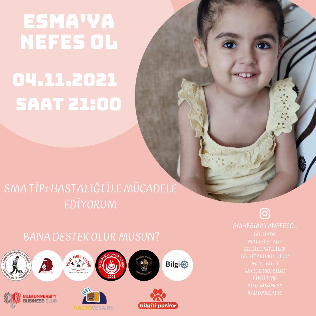 Esma’nın çok az zamanı kaldı ve bize ihtiyacı var! Esma’ya umut olmak için düzenlediğimiz canlı yayınımıza katılmak isteyen arkadaşlarımızı bugün saat 21.00’da BİLGİADK Instagram hesabındaki ortak canlı yayına bekliyoruz. #esmayanefesol #sma #smatip1
