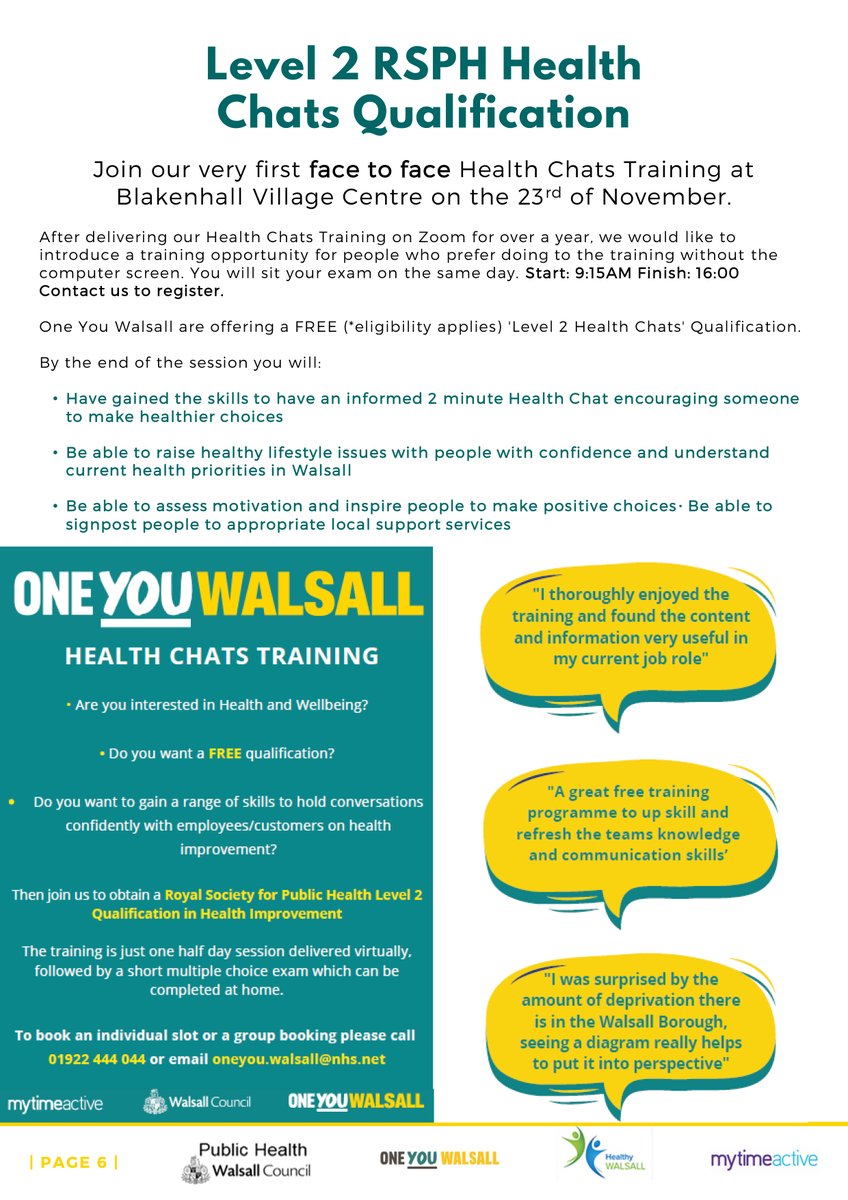 One_Walsall's tweet image. Join One You Walsall for their Health Chats Training on 23rd November in #Blakenhall #Walsall.  For more details and to join get in touch: oneyou.walsall@nhs.net  or call 01922 444 044
#Training #Qualification #HealthTraining #HealthierChoices #Signposting #Health