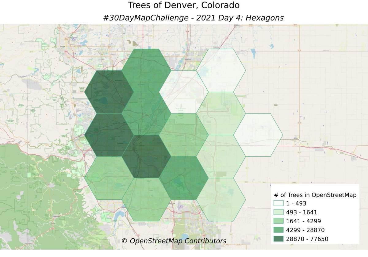 Hexagons, day 4.

Tree counts around Denver, CO.  Requires PostGIS 3.1 minimum.

#30DayMapChallenge