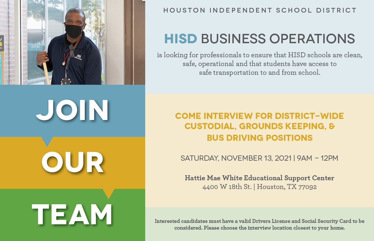 HISD Business Operations is looking for professionals to ensure that HISD schools are clean, safe, operational and that students have access to safe transportation to and from school.  Job fair Nov. 13
Info below: