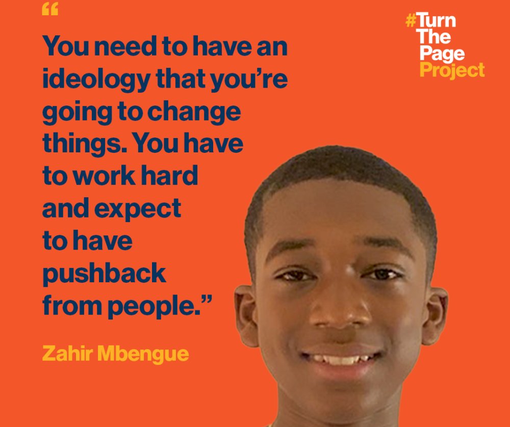 CarylStern's tweet photo. "I think anyone can do anything they set their mind to as long as they put in the right effort and that each of us is destined for greatness. It is also our responsibility to inspire each other." – Zahir Mbengue, a student in Chicago #TurnThePageProject https://t.co/IhvCzIDCKL https://t.co/O9tOl4U4zR