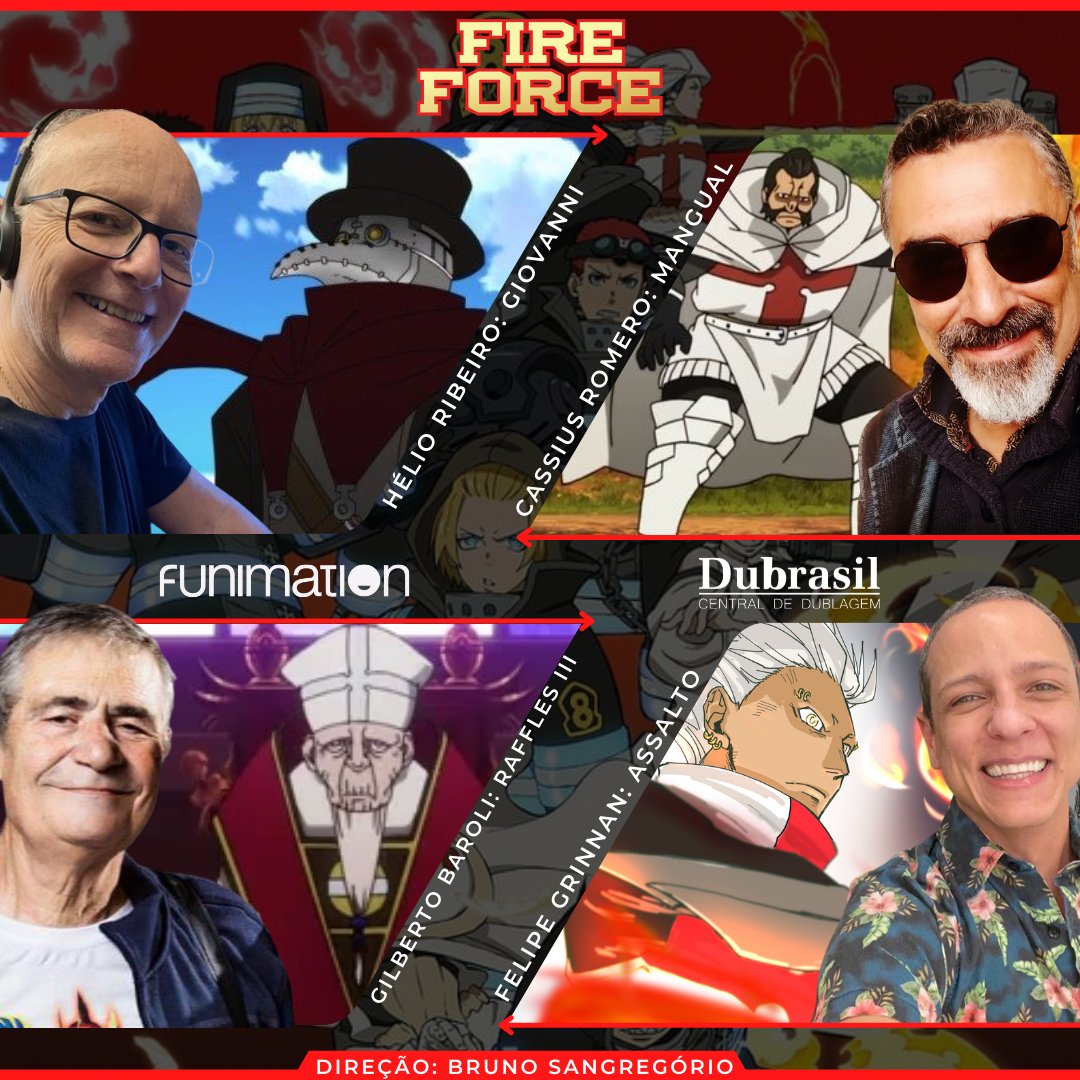 Dubrasil - Central de Dublagem #18ANOS on X: No elenco de dublagem de Fire  Force temos: Angels da 5ª: Marcela de Barros (@marcelab_art) Benimaru:  Bruno Sangregório Konro: Marco Ribeiro (@MarcoRibeiroDUB) Hinata/Hikage:  Luiza