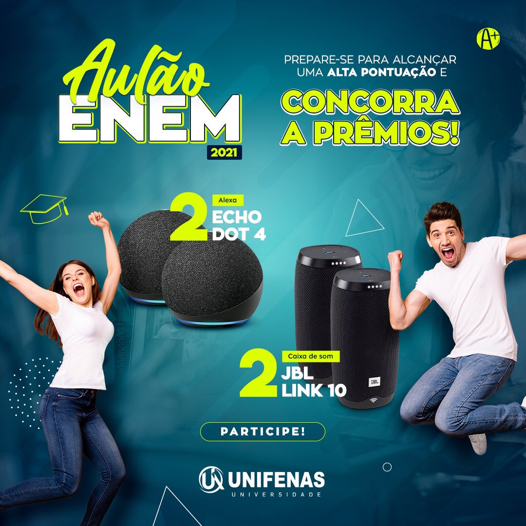 UNIFENASBR's tweet image. Nos dias 20 e 27 de novembro com duração de 3 horas, das 09h30 às 12h30 no Youtube.

Inscrições Gratuitas! E concorra a PRÊMIOS.

Uma Alexa para chamar de sua + 1 JBL para dar aquela relaxada antes da prova! 

unifenas.br/aulaoenem/

#AltaPontuação #NotaMáxima #Aulão