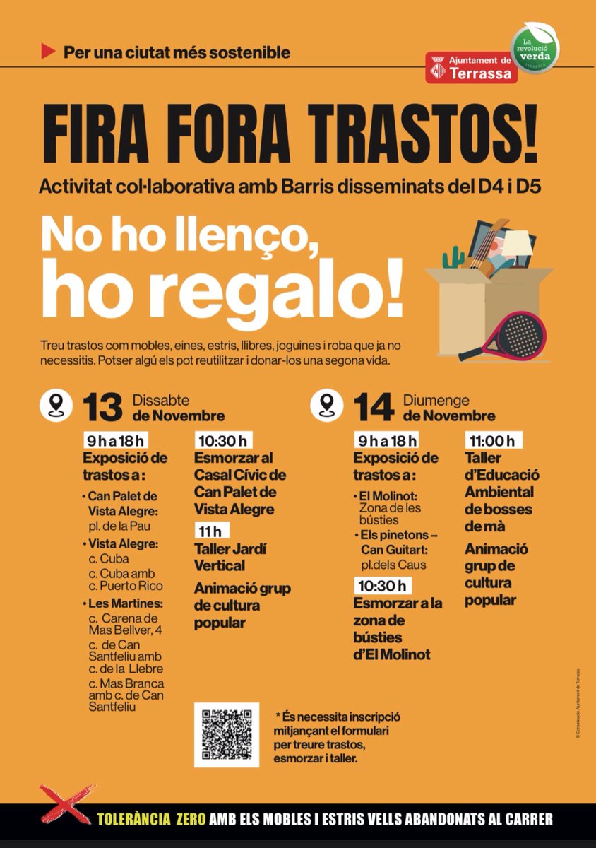 AAVVCanPalet's tweet image. Tens trastos acumulats i no saps que fer? Estan en bon estat com per intercanviar? Doncs aquesta és la teva oportunitat! @disseminatsterrassa @ajterrassa @favterrassa @ecoequip @Niki_RP @noelDuque #reutilitza #intercanvia #Terrassa #zerowaste