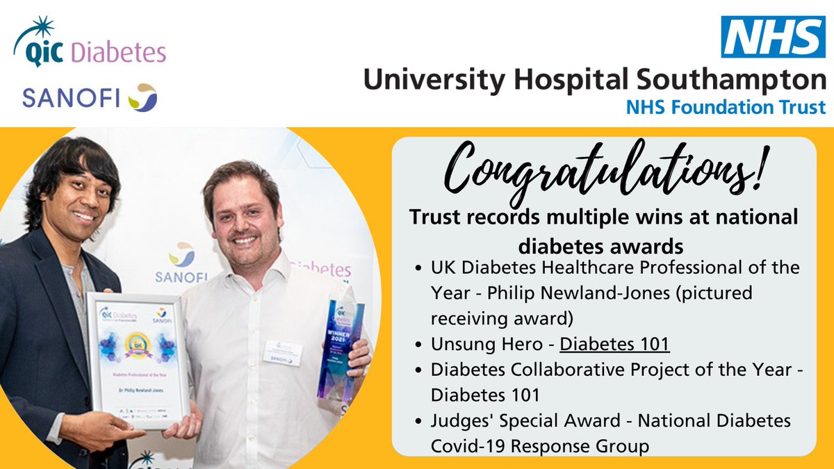University Hospital Southampton 💙 (@uhsft) on Twitter photo A massive congrats to everyone involved <a href="/UHSFT/">University Hospital Southampton 💙</a> and <a href="/_diabetes101/">Team Diabetes 101</a> 💙 So proud!
"The team, led by <a href="/PNewlandJones/">Philip Newland-Jones</a> and <a href="/mbrp1/">Mayank Patel</a> were named winners in 4 categories at this year’s <a href="/QiCProgramme/">Quality In Care</a> #Diabetes Awards."
Read more: uhs.nhs.uk/AboutTheTrust/…
#QiCDiabetes2021 A massive congrats to everyone involved <a href="/UHSFT/">University Hospital Southampton 💙</a> and <a href="/_diabetes101/">Team Diabetes 101</a> 💙 So proud!
"The team, led by <a href="/PNewlandJones/">Philip Newland-Jones</a> and <a href="/mbrp1/">Mayank Patel</a> were named winners in 4 categories at this year’s <a href="/QiCProgramme/">Quality In Care</a> #Diabetes Awards."
Read more: uhs.nhs.uk/AboutTheTrust/…
#QiCDiabetes2021