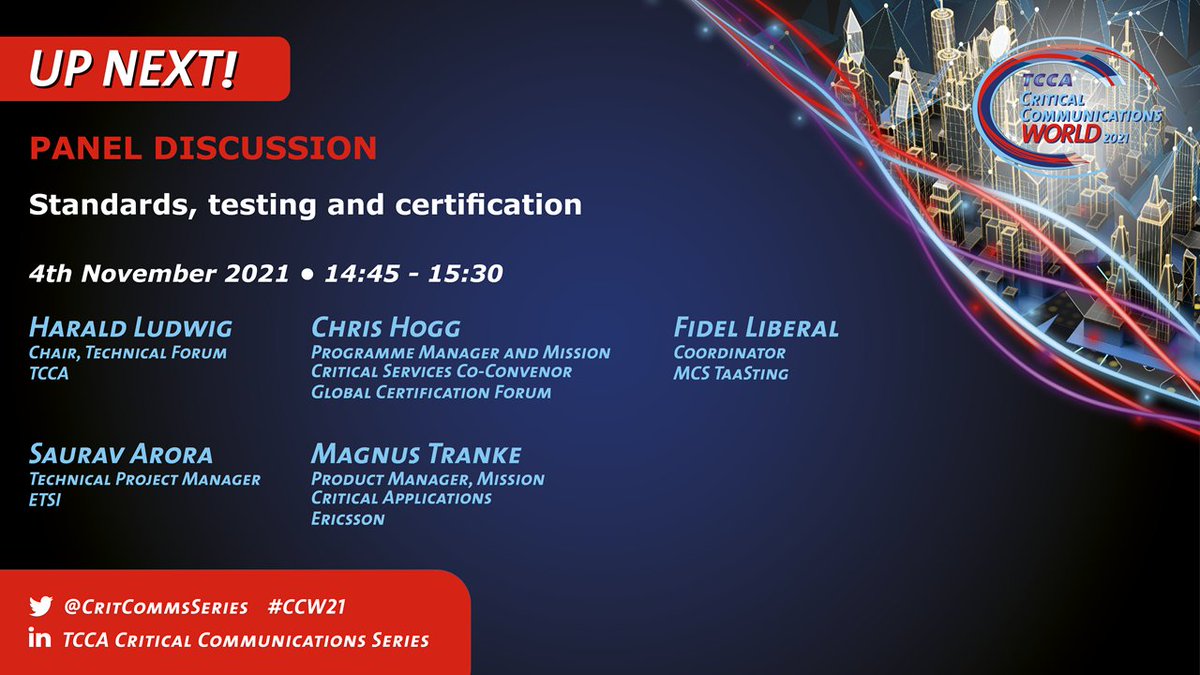 CritCommsSeries's tweet photo. STARTING SOON: 'Panel discussion: Standards, testing and certification'. Don't miss out! Register now to attend online or in-person: https://t.co/yomkOm8Tip #CCW21 https://t.co/yktCZHBeTb