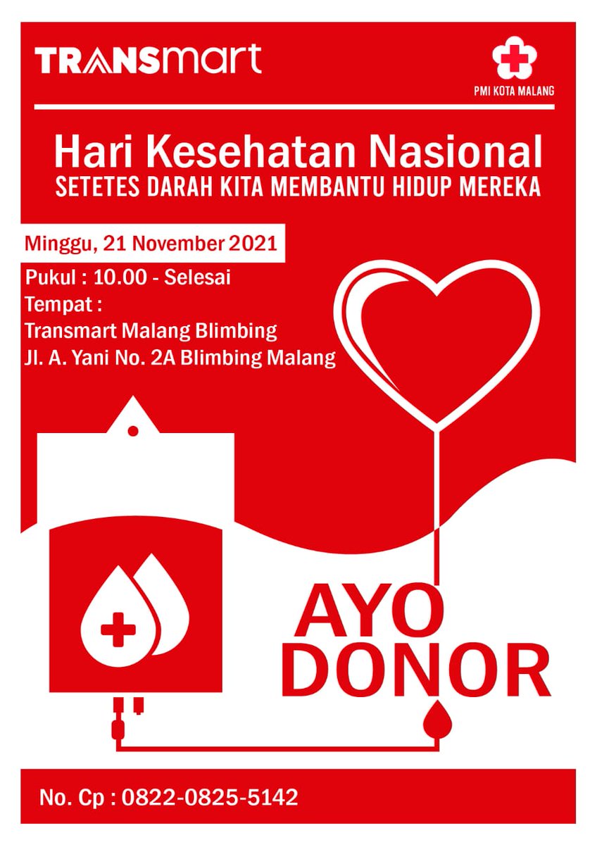 Halo #keluargatransmart yuk ikutan aksi donor darah di #transmarketmalangblimbing karena setetes darah kita sangat berarti bagi mereka yang sedang membutuhkan donor darah 

#donordarah #kotamalang #pmikotamalang #pmiindonesia #transmartindonesia