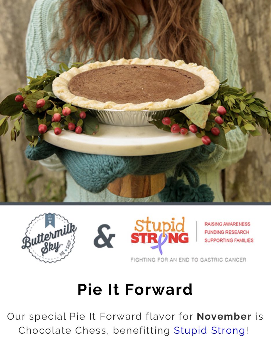 Our “Pie it Forward” flavor for the  month of November is Chocolate Chess.  Every time a Chocolate Chess pie is purchased, we will make a donation to the local charity Stupid Strong <a href="/feedthecure/">StupidStrong</a> stupidstrong.org