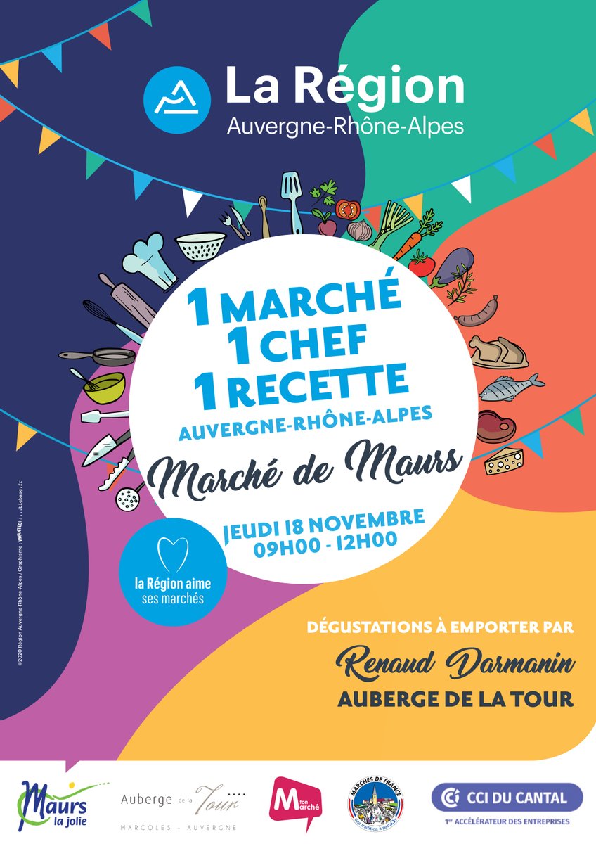 Jeudi 18 Novembre prochain, le Marché de #Maurs accueillera l'événement #1Marché1Chef1Recette avec la Région <a href="/auvergnerhalpes/">Auvergne-Rhône-Alpes</a> et <a href="/Mtonmarche/">MtonMarché</a> 😀

A cette occasion, le chef étoilé de Renaud Darmanin (<a href="/aubergedelatour/">Auberge de la Tour</a>) de #Marcolès sera présent 😋

➡️ bit.ly/1MCRMaurs