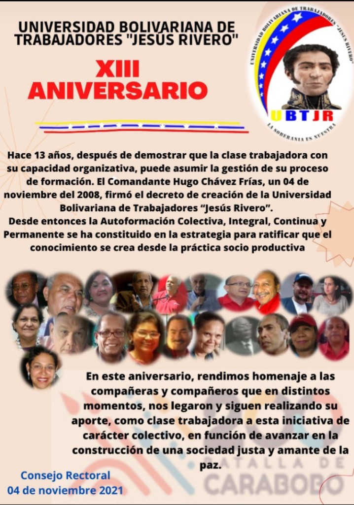 UBTJR_NACIONAL's tweet photo. #04Noviembre
#XIIIAniversarioUBTJR
#SomosUbtjr
#Somoscpttt
#SomosClaseObrera
#UBTJR
#VenezuelaPotencia
@MPPEUVEN @NicolasMaduro @TibisayLucena8 @AscencioEunice @ejbhdq @arquimedesm @PatriaObrera @ijauregui2005 @iriz251068 @lauragev27 @virgicarol30 @RLeon_PDVSA https://t.co/MjZJtWZbgG
