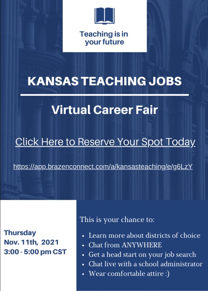 Virtual Career Fair - Thursday, November 11th, 3:00 - 5:00pm CST. 

Log in and have a chat with us and learn how you can jumpstart your teaching career with Emporia Public Schools!

Click Here To Learn More:
app.brazenconnect.com/a/kansasteachi…
