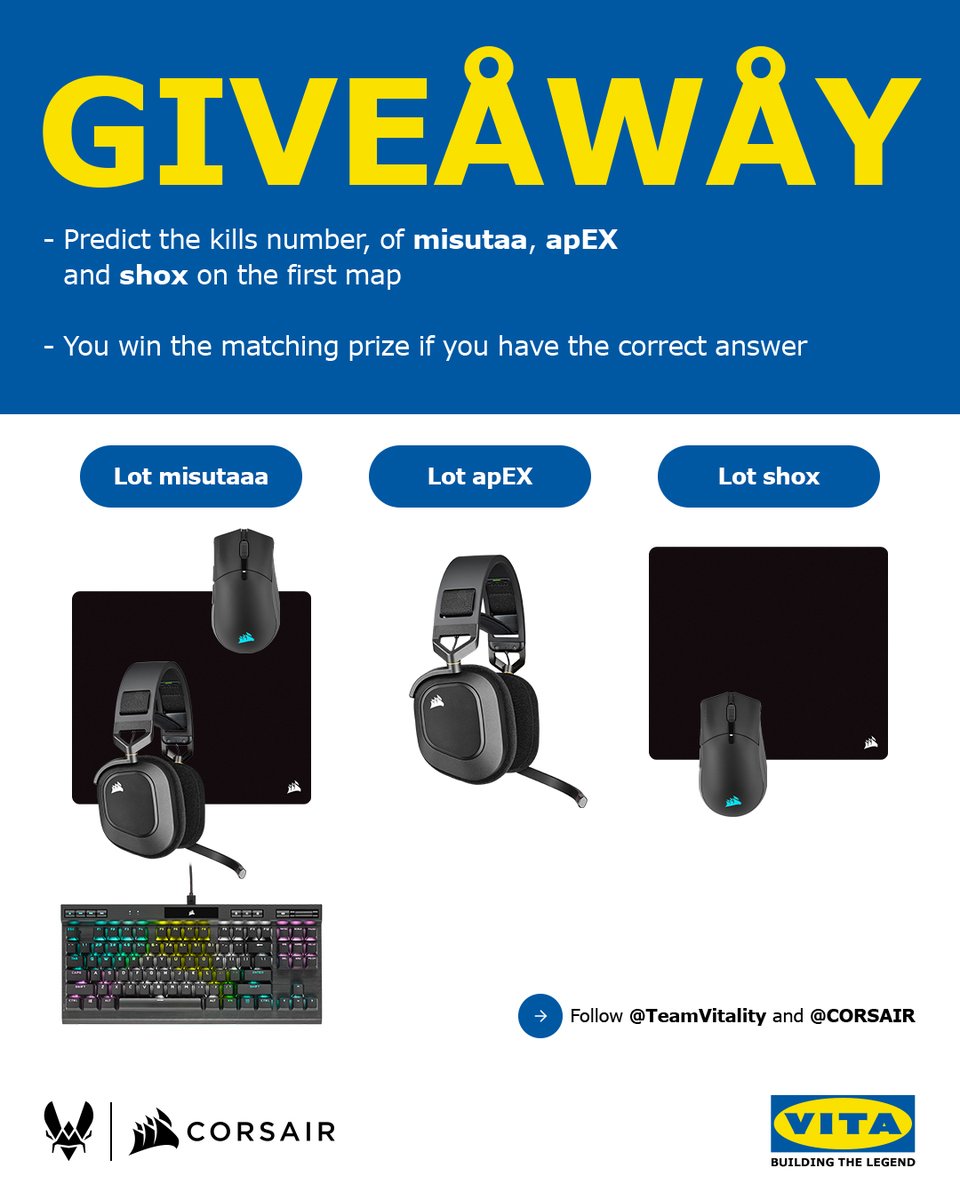 TeamVitality's tweet photo. Giveaway tiiiiime 🎉
All you have to do is predict the correct numbers of kills of @misutaaaCSGO or @shoxCSGO or @Vitality_apEX 

💥 3 prizes - 1 answer = 1 prize 
✅ Follow @CORSAIR + @TeamVitality 
You can enter this giveaway has much as you want ✨ https://t.co/iMqP9zt6PA