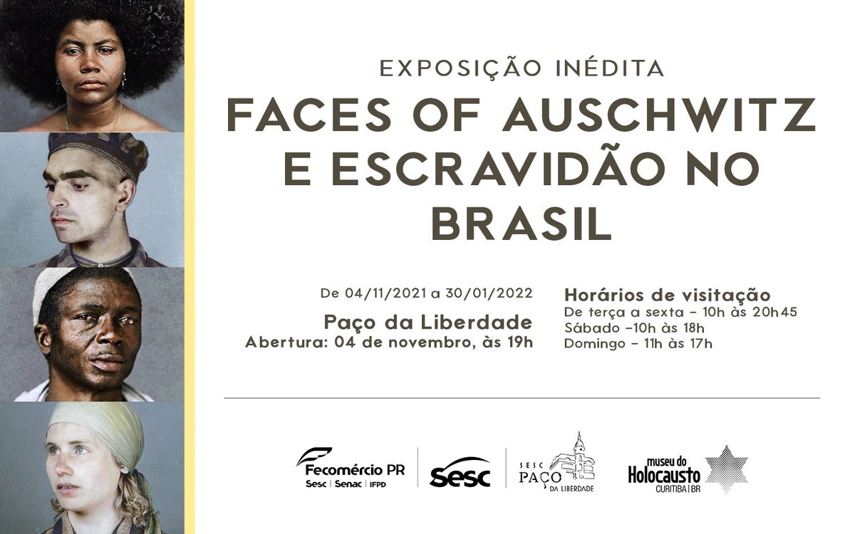 Hoje, 04 de novembro, às 19h, acontece a abertura da exposição inédita “Faces of Auschwitz e Escravidão no Brasil”. A mostra, com entrada gratuita, fica em cartaz até 30 de janeiro de 2022, no Paço da Liberdade SESC Paraná, em Curitiba.

Conto com a presença de vcs. 💜