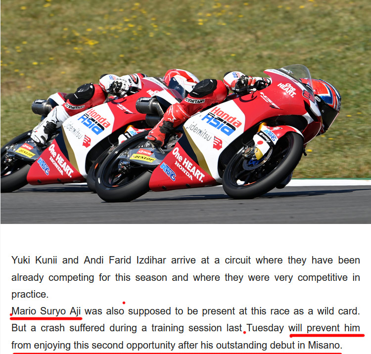 motoupdate's tweet photo. @honda_team_asia Statement : Mario Suryo Aji seharusnya hadir di balapan ini sebagai wild card. Namun kecelakaan yang dialaminya saat sesi latihan Selasa lalu mencegahnya menikmati kesempatan kedua ini setelah debutnya yang luar biasa di Misano. Fix #MSA16 Absen di #AlgarveGP https://t.co/47dVeoNwKs