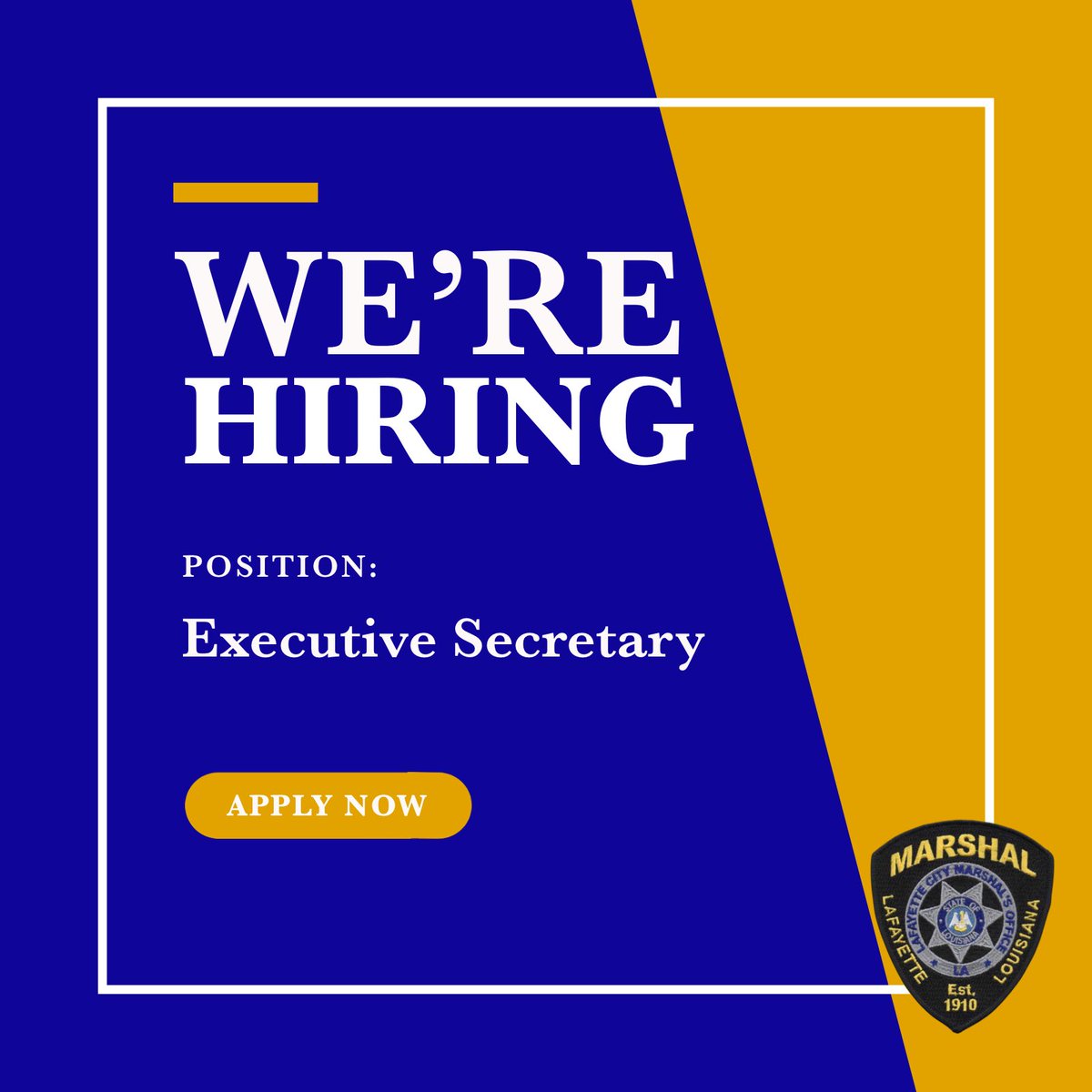 MarshalRThomas's tweet photo. Do you think you have what it takes? Read more about the position at https://t.co/7K6D2Fx6cR 

To apply send your cover letter and resume to marshalpio@lafayettela.gov

#JoinOurTeam #LCMO #JobOpportunity #Lafayette https://t.co/Agnwt8EUeG