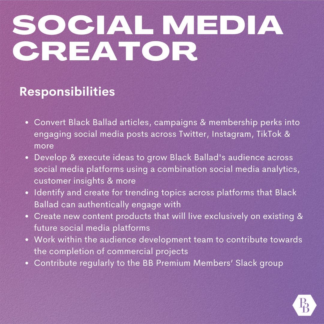 Bola Awoniyi (@mrawoniyi) on Twitter photo 🗣
<a href="/BlackBalladUK/">Black Ballad</a> is looking for a Social Media Creator to turn BB articles/campaigns/more into social posts black women love
We’ve designed this job for a creator/marketer at the start of their career
Not you? RT or share w/ someone who needs to see this
Is that you? 🧵 🗣
<a href="/BlackBalladUK/">Black Ballad</a> is looking for a Social Media Creator to turn BB articles/campaigns/more into social posts black women love
We’ve designed this job for a creator/marketer at the start of their career
Not you? RT or share w/ someone who needs to see this
Is that you? 🧵