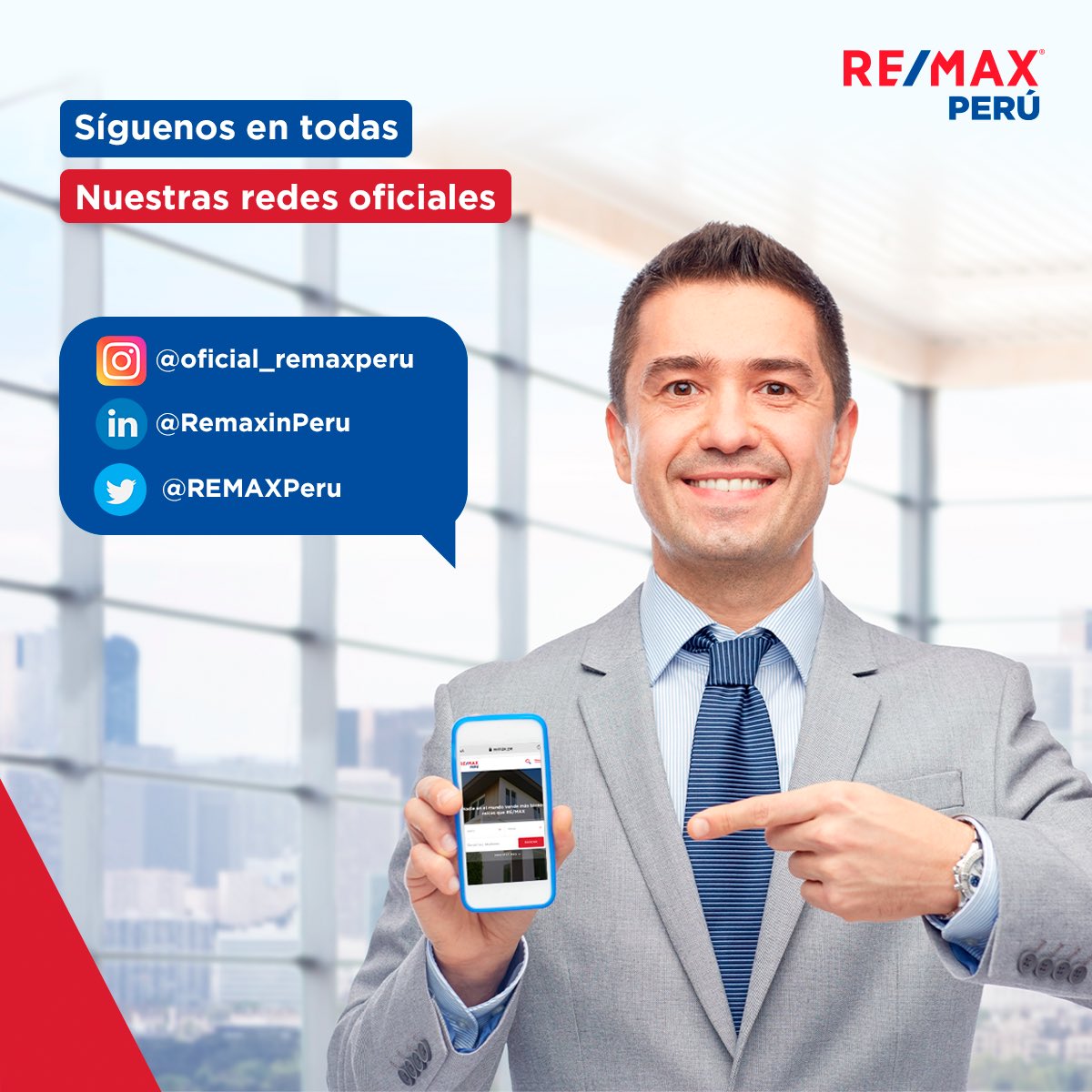 ¡Mantente activo con RE/MAX Perú!

Te invitamos a visitar y seguirnos en todas nuestras redes oficiales para que formes parte de nuestra gran comunidad y te mantengas siempre conectado a todas nuestras novedades. ¡Te esperamos!

#REMAXPeru #CanalesOficiales #RedesSociales