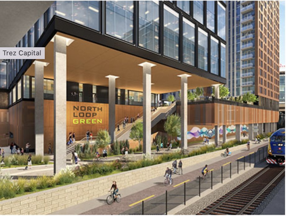 krausanderson's tweet photo. When completed the #NorthLoopGreen will be home to both retail and office space, hundreds of residential units, indoor parking, and a one-acre public park! @esgarch_design @Hines #GreenSpace #MixedUse #NorthLoop https://t.co/74KwUm2GeH