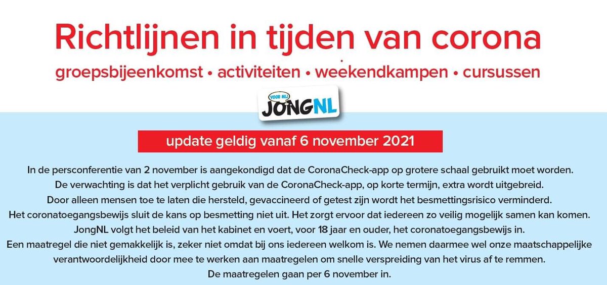 Zojuist hebben de voorzitters en secretarissen van onze afdelingen een mail ontvangen met de richtlijnen rondom corona die 6 november ingaan. #corona #richtlijnen #jeugdwerk #vrijwilligers #jongnl #jongnederland #limburg