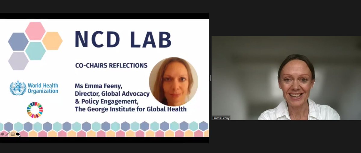 GeorgeInstUK's tweet photo. Next up in @WHO webinar focused on grassroots #innovation in NCD prevention & control:
Our @georgeinstitute Director of Global Advocacy & Policy Engagement @EmmaFeeny reflecting on the winning characteristics of @BelmaMalanda's #NCDLab on Women & Girls Cycle 1 submission https://t.co/0Iz8ZMYanK