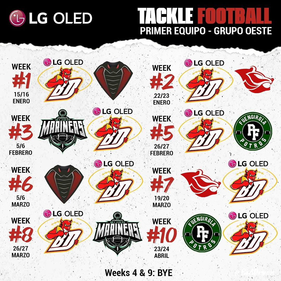 BlackDemonsFA's tweet photo. ¡Ya tenemos calendario! 🗓️
Nuestro primer equipo ha sido emplazado en el Grupo Oeste de la Serie A y competirá contra:
🔸Osos Rivas
🔸Murcia Cobras
🔸Gijón Mariners
🔸Fuengirola Potros
¡Estamos deseando volver a sentir a la #MareaNegra en las gradas de El Cantizal! 😈
#BeADemon https://t.co/IpuOSHDucE