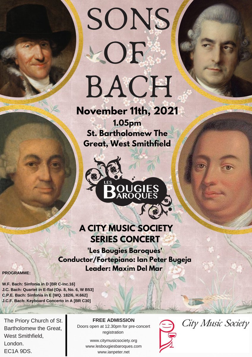 Our 1st 2021 [#CityMusicSociety] #concert: 11/11/21 at <a href="/StBartholomews/">Great St Bartholomew</a>, feat. <a href="/IanPeterB/">🇵🇸 Ian Peter 🏳️‍⚧️ @ianpeterb.bsky.social</a> &amp; <a href="/MaximDelMar/">Maxim Del Mar</a>. Come hear the #music of #JSBach’s talented progeny – who bridged the gap from the High #Baroque to the #Viennese legacy that ensued! 🎵 #ClassicalMusic #BaroqueMusic #History