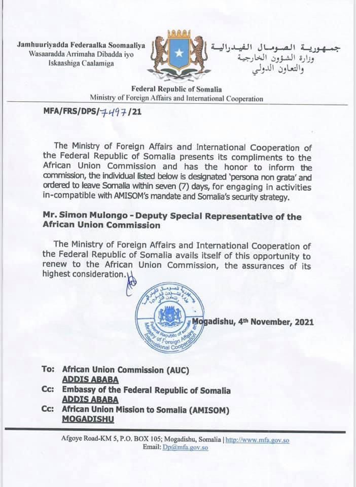 SONNALIVE's tweet photo. Somali government designated ‘persona non grata’ and ordered to leave the within 7 days Deputy Special Representative of AU, Simon Mulongo. https://t.co/ODaimfFhs5