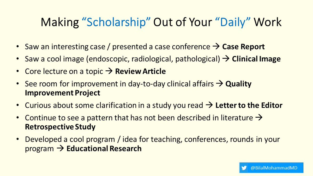 Giving a talk to our residents on doing #ScholarlyWork during #residency !

Sharing my favorite lessons I learned!

👉 One way to be successful is to convert your day-to-day work to scholarly activity.

What are some of your tips ?

#MedEd #MedTwitter