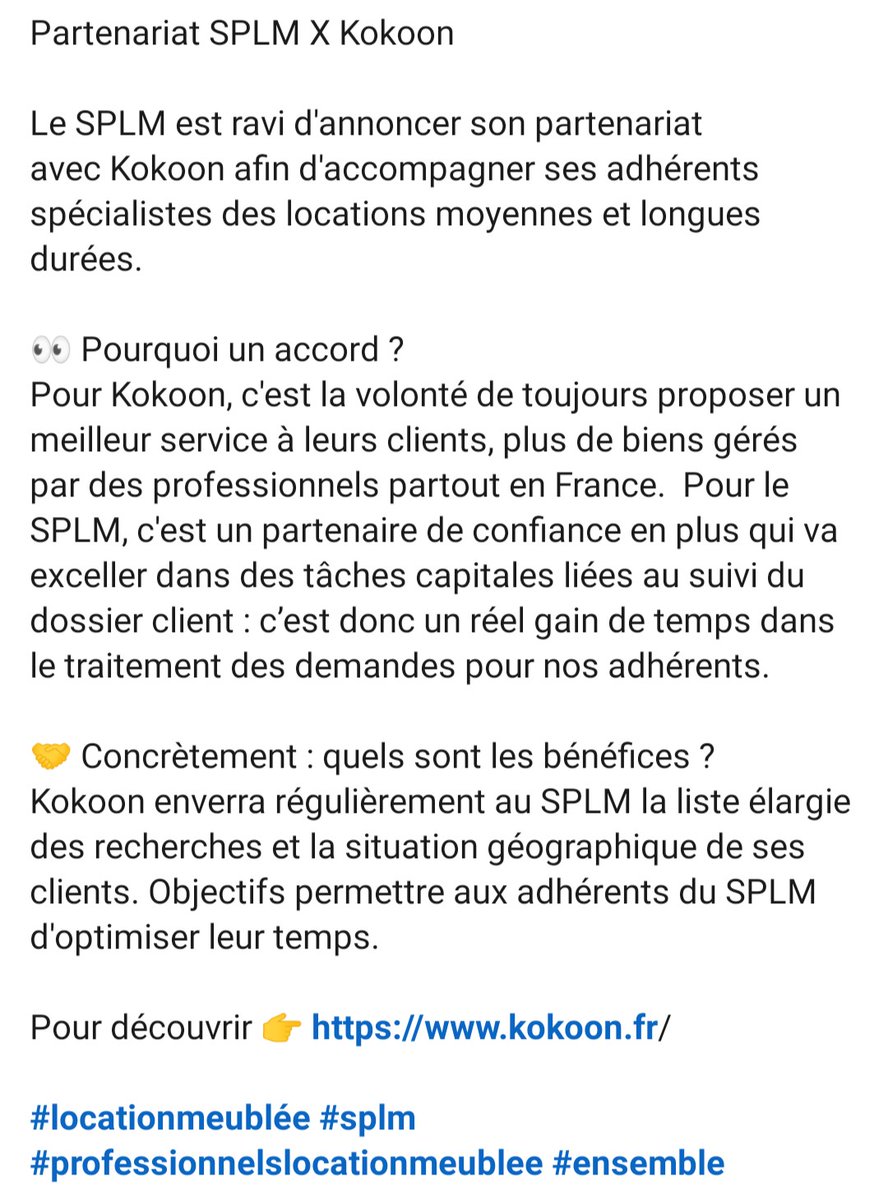 SPLM_France's tweet photo. Partenariat SPLM X Kokoon 

Le SPLM est ravi d'annoncer son partenariat avec Kokoon afin d'accompagner ses adhérents spécialistes des locations moyennes et longues durées. 👍 https://t.co/vFk6YHJP6F
