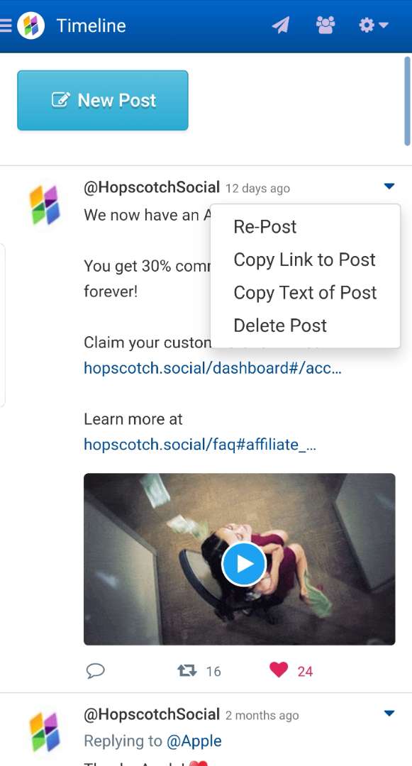 You can now repost any post from your Hopscotch dashboard.

Simply click "Re-Post" in the dropdown menu and the text and media will be added to a new post you can send/schedule to your social media account(s).

#Free #SocialMediaManagement #RePost

hopscotch.social/signup