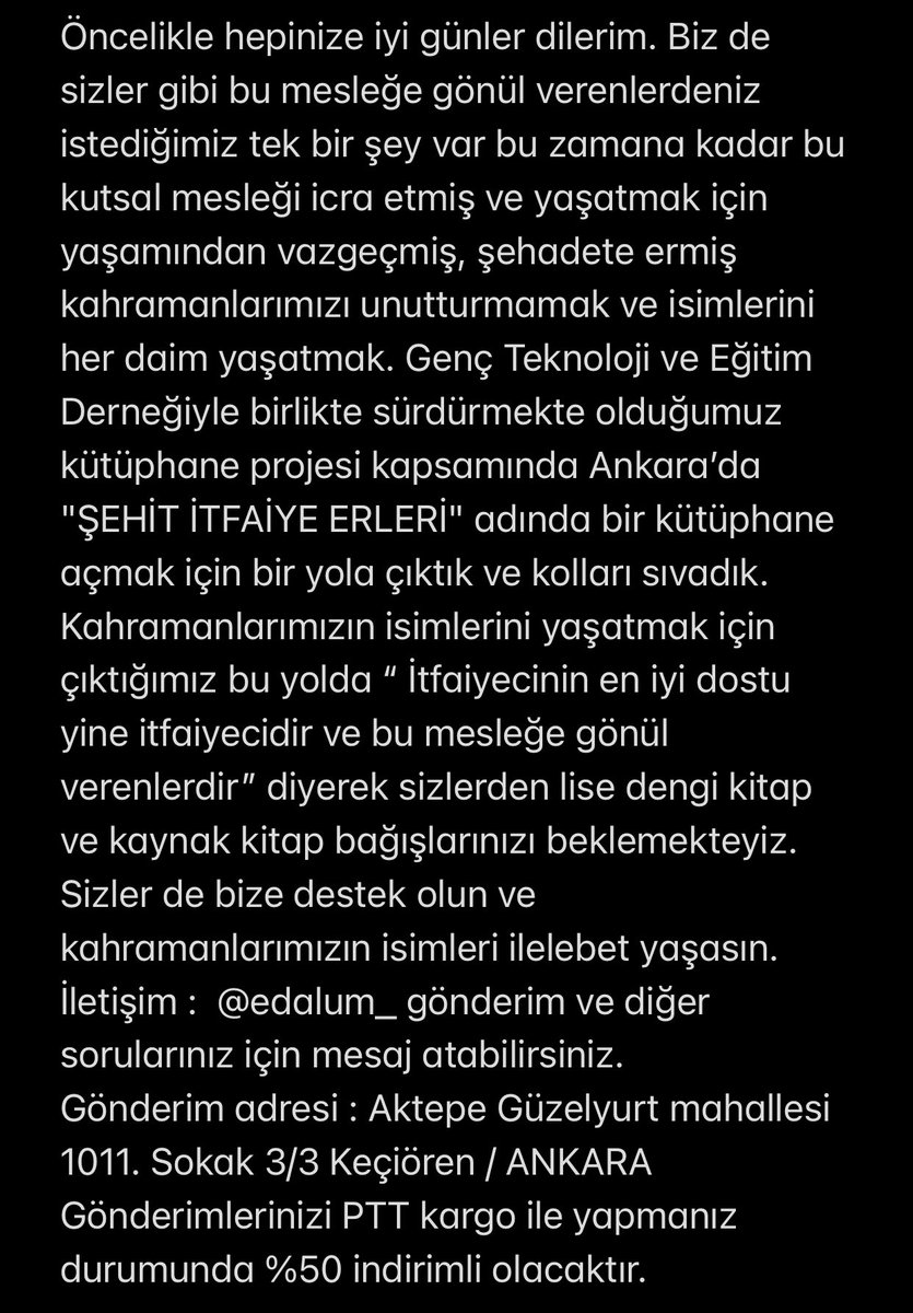 Şehit itfaiye erleri kütüphanesi katkılarınızı bekliyor. Haydi birlik olup destek olalım. <a href="/edalumm/">Edalum</a> a mesaj İLE ulaşabilirsiniz.