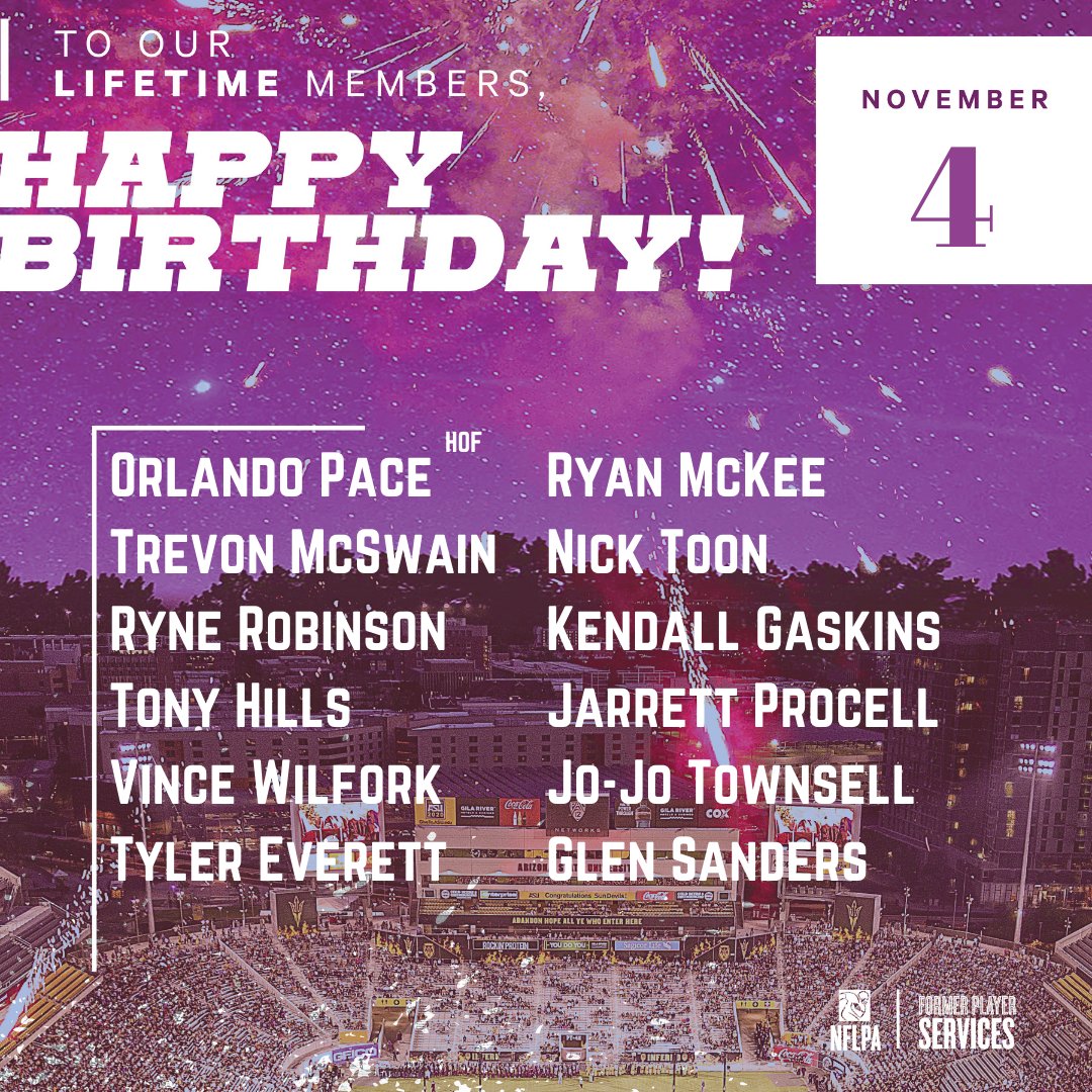 Happy birthday to our members <a href="/ahills84/">𝚃𝚘𝚗𝚢 𝚃𝚑𝚎 𝚃𝚢𝚌𝚘𝚘𝚗</a> <a href="/wilfork75/">Vince Wilfork</a> <a href="/iamtylereverett/">Tyler Everett</a> <a href="/Nick2oon/">Nick Toon</a> @KGaskins5 <a href="/jbp4tech/">Jarrett Procell</a> <a href="/MEFIYI/">jojotownsell</a> <a href="/OrlandoPace_HOF/">Orlando Pace</a> - We hope you have a great day and an even better year to come! 🎈#nflpafraternity 
Don't see your handle? Update your profile on NFLPA.com.
