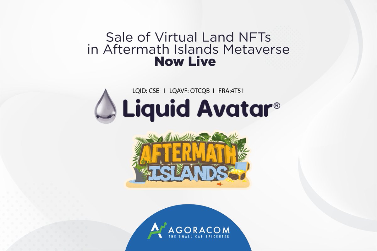 AGORACOM's tweet photo. Breaking News... Sale of #VirtualLand #NFTs in @AftermathIsland #Metaverse Now Live &amp; Open to Public

✅ Purchasers Can Use #Crypto or @PayPal &amp; Credit Cards Via @Shopify App #Waxify

CC: @liquid_avatar $LQID

$LQAVF $HUT $HIVE $UI

#Blockchain #Smallcap

https://t.co/pGkpaiwlc9 https://t.co/43jrod9Mra
