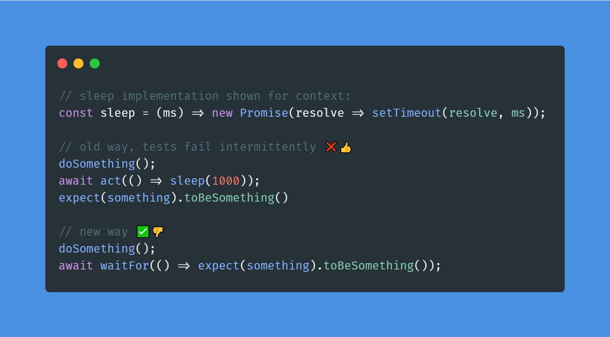 shuoink's tweet photo. .@TestingLib makes testing async @reactjs code easy! It used to be hard to know when to run the assertion. We'd use setTimeout, resulting in flaky tests.

Now I can wrap my assertion in "waitFor." It'll re-run until it passes.

🚀 Fast
✅ Reliable

Thank you, @kentcdodds! https://t.co/KNMkdBnJhC