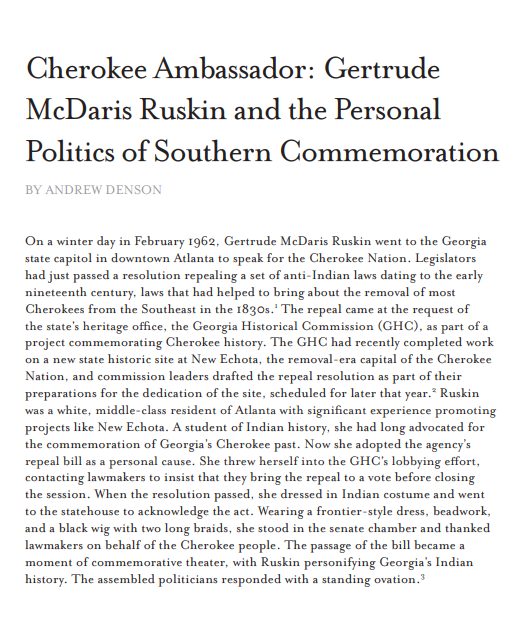 GeorgiaHistory's tweet photo. Dr. Andrew Denson, professor at @WCU, was recently awarded the John C. Inscoe Award for the best article in the Georgia Historical Quarterly in 2020, "Cherokee Ambassador: Gertrude McDaris Ruskin and the Personal Politics of Southern Commemoration." 
https://t.co/7ScK58H7Z4 https://t.co/Dyd2aIh6Y3