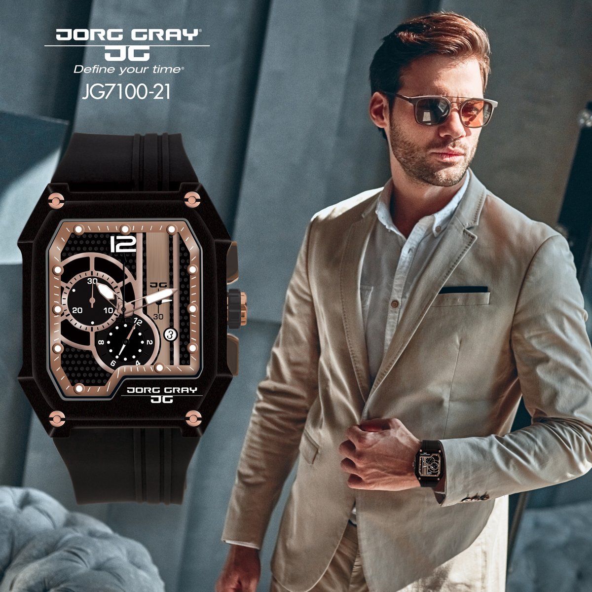 JorgGray's tweet image. Featuring a bold, geometric design, the JG7100-21 will surely turn some heads. The rose gold accents and sleek black finish make this watch a must have bit.ly/2ZmMz5D #jorggray #watches #menswatches