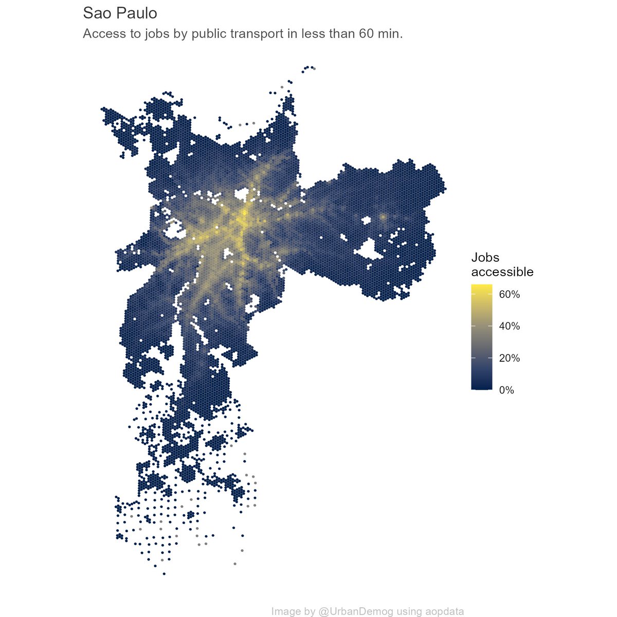 day 4 #30DayMapChallenge: Hexagons

Employment accessibility by public transport in less than 60 minutes in some of Brazil's largest cities.

Done in #rstats using data from the {aopdata}📦of the #AccessToOpportunitiesProject 

Reproducible code and data 👉urbandemographics.org/post/mapping-a…