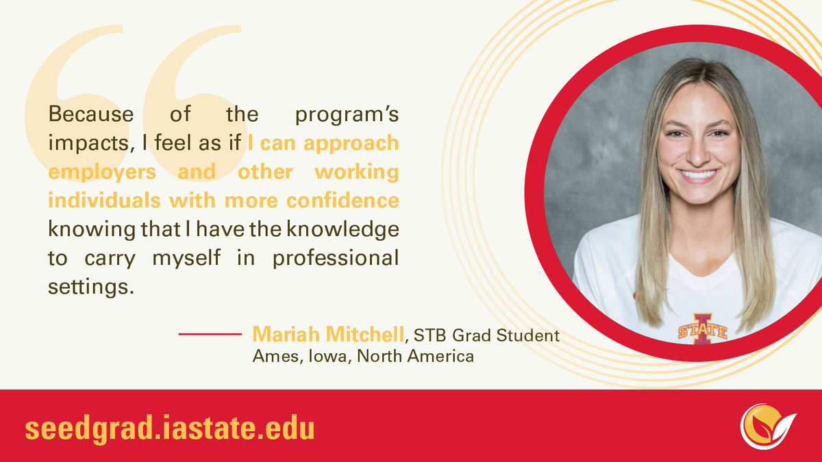ISUSeedGrad's tweet photo. Mariah Mitchell is grateful for the STB's close interaction among the students, instructors, & staff for helping her gain a sense of what to expect once she enters the field full time.
Read more about Mariah's experience on our website: https://t.co/WXdVz0KC7C
#SeedLeader https://t.co/j6G2jxCJZN