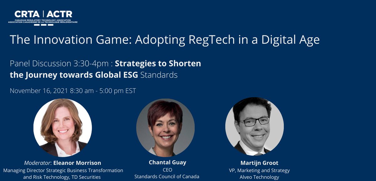 CRTA_ACTR's tweet image. Join us, Nov 16th for a panel discussion on Strategies to Shorten the Journey towards Global Environmental, Social and Governance (ESG) Standards
Comp Registration: canadianregtech.ca/registration.h… 
CE Credit Eligible 
#EGStandards #regtech #Globalstandardization #investmentstrategy  #FI