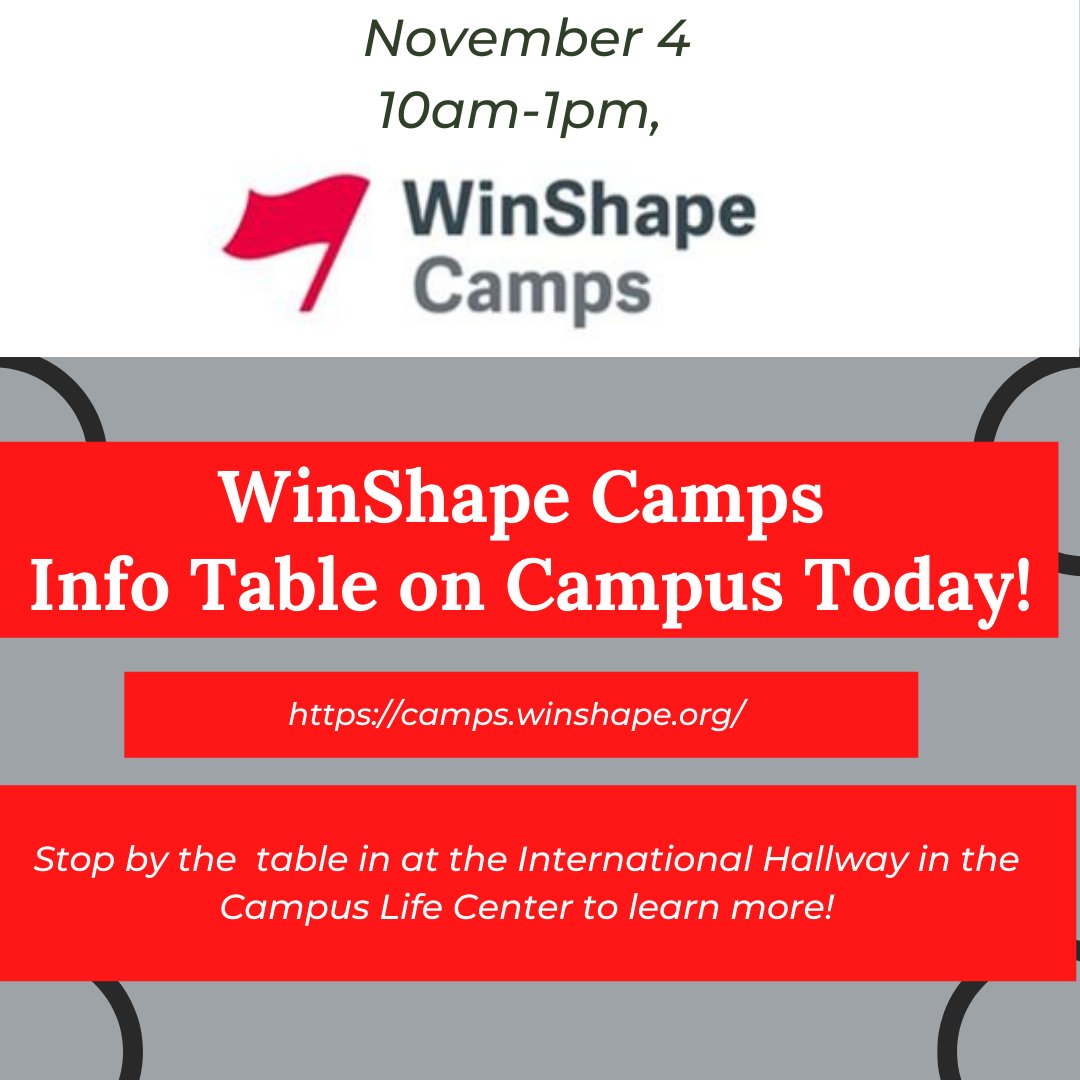 SWUCareers's tweet photo. WinShape Camps is on the main campus today and hosting an Information Table regarding summer job opportunities. Stop by their table in the Campus Life Center from 10am-1pm on November 4 to learn more! https://t.co/EaQXWMHOuO https://t.co/ThQGpDC9jh