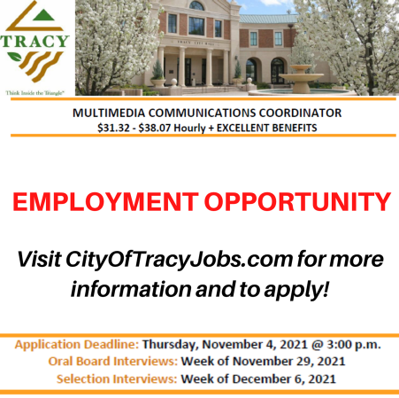 cityoftracy's tweet image. Last chance to apply for this exciting career opportunity! 

Deadline is TODAY at 3 PM to apply to join #TeamTracy as our Multimedia Communications Coordinator: governmentjobs.com/careers/tracyc…
Annual salary range: $65,138 - $79,175

Please RT!
#WorkInsidetheTriangle #CityOfTracy #TracyCA