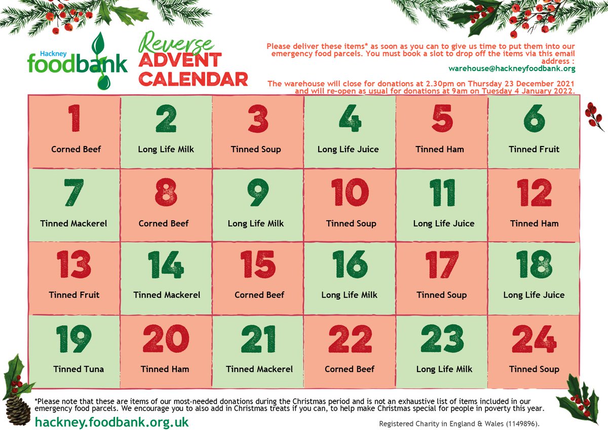 HackneyFoodbank's tweet photo. Take part in our #reverseadventcalendar challenge where you can start collecting our most needed items and Christmas treats in the run up to Christmas for people in crisis this year ➡️ https://t.co/UupQXtWNAT

#hungerfreehackney #hackneyspirit https://t.co/mlb60gI6VW