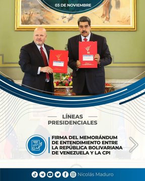 REDVZLA_OFICIAL's tweet photo. #RedVzla El Jefe de Estado @NicolasMaduro proporcionó este #3Nov las #LíneasPresidenciales basadas en la Firma del Memorándum de entendimiento entre la República Bolivariana de Venezuela y la CPI, considerado como un #DocumentoHistórico para la complementariedad positiva. https://t.co/3Prp627nv5