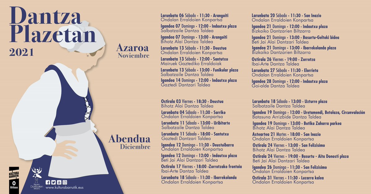 🅱🕺 Romerías, alardes de danzas, pasacalles y desfiles de gigantes en una nueva edición de #DantzaPlazetan. Comienza este sábado, 6 de noviembre.
📆 Aquí tenéis el calendario completo: kulturabarrutik.eus.
ℹ bit.ly/3BK4gK2
🍁 #BilbaoUdazkena2021  🍁